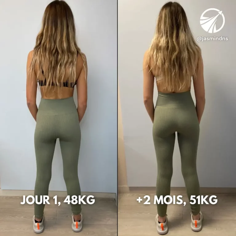 Transformation d'une femme vue de dos : Jour 1 (48 kg) et après 2 mois (51 kg), résultat d’un programme personnalisé.