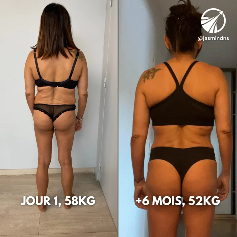 Transformation d'une femme vue de dos : Jour 1 (58 kg) et après 6 mois (52 kg), programme de perte de poids personnalisé.