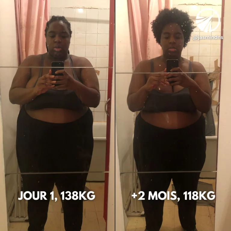 Transformation d'une femme vue de face : Jour 1 (138 kg) et après 2 mois (118 kg), coaching spécialisé pour perte de poids rapide et efficace.