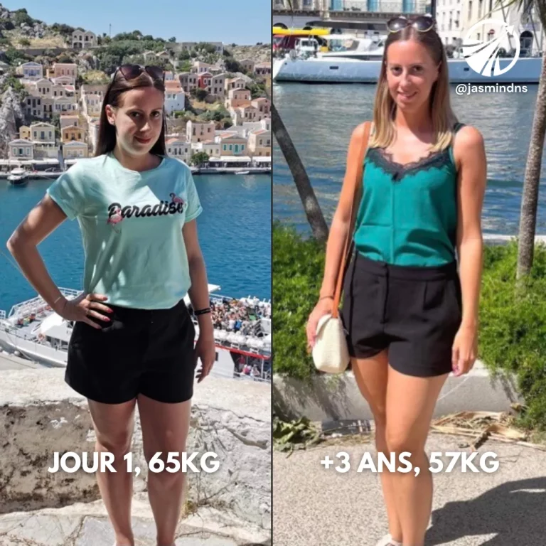 Transformation d'une femme vue en extérieur : Jour 1 (65 kg) et après 3 ans (57 kg), résultat d’un coaching long terme.
