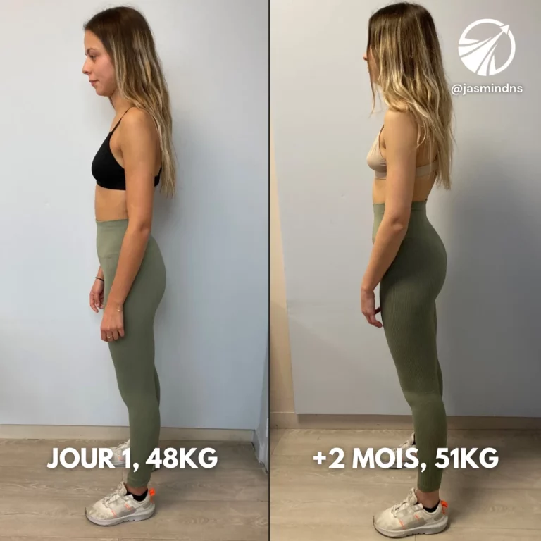 Transformation d'une femme vue de profil : Jour 1 (48 kg) et après 2 mois (51 kg), programme personnalisé pour prise de poids musculaire.