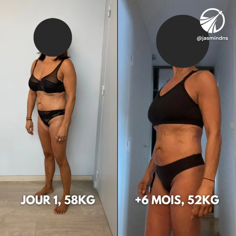 Transformation d'une femme vue de profil : Jour 1 (58 kg) et après 6 mois (52 kg), programme de perte de poids personnalisé.