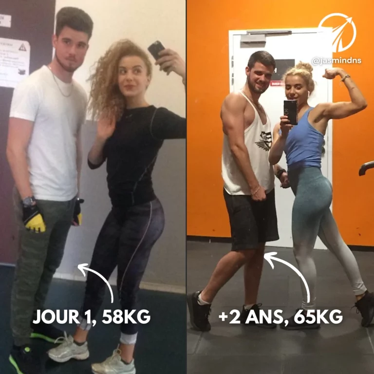 Transformation d'un couple en salle de sport : Jour 1 (58 kg) et après 2 ans (65 kg), programme d’entraînement et nutrition adaptés.