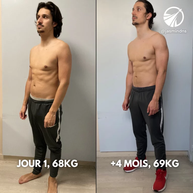 Transformation d'un homme vue de profil : Jour 1 (68 kg) et après 4 mois (69 kg), renforcement musculaire et tonification.